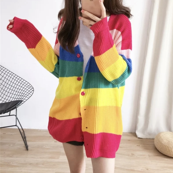 NWT Winter Y2K Rainbow Knitted Cardigan Sweater S: Small-Medium - Picture 3 of 11